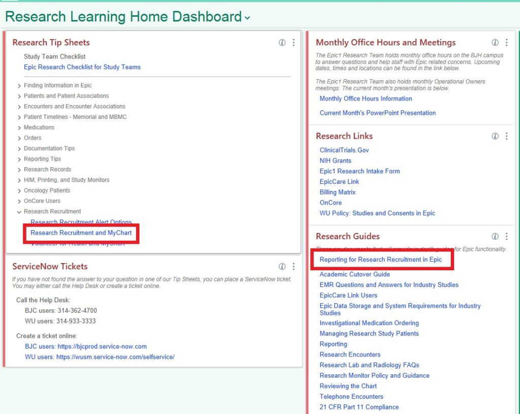 On the Research Learning Home Dashboard in Epic, you can view the “Research Recruitment and MyChart” document under the ‘Research Recruitment’ section of Research Tip Sheets. You can also view the “Reporting for Research Recruitment in Epic” document under the Research Guides section.